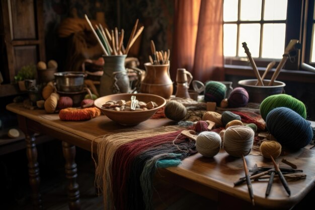 写真 生成aiで作成したテーブル上の織り道具と糸束