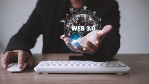 Web 30 concept image with a man using a laptop Technology and WEB 30 concept