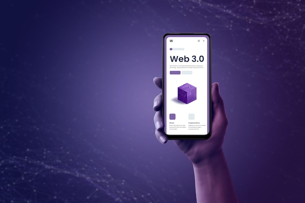 Web 30 presentation page on smart phone in hand concept Purple background with network nodes