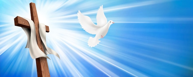 Web banner Resurrection Christian cross illustration with dove Concept life after death