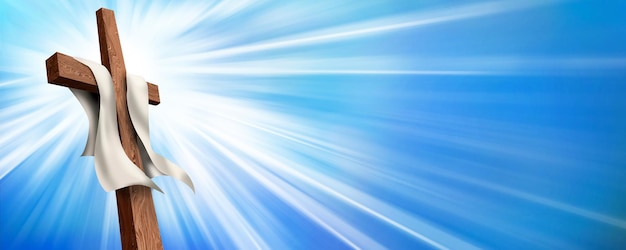 Foto web banner resurrezione crocifissione croce cristiana illuminata su sfondo blu la vita dopo