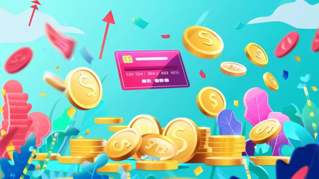 Web banner with cash back offer concept Modern cartoon background with gold coins arrows and credit card percentage sign learn more button