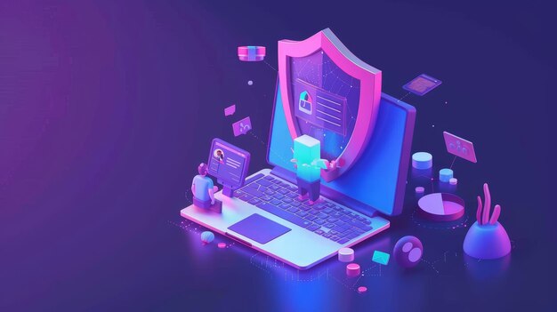 Photo web banner with a privacy policy digital security personal confidential information and tiny people at a huge laptop with shield and docs