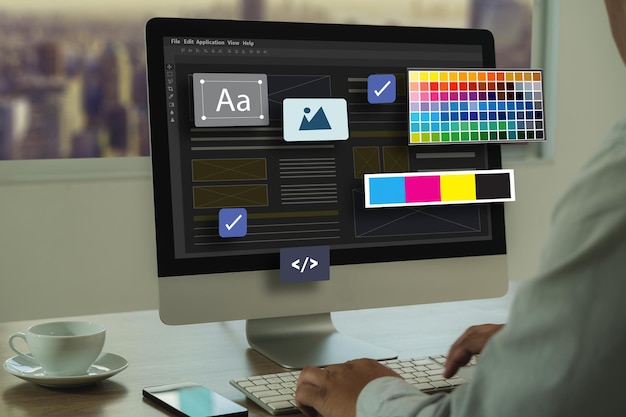 網頁設計 開發者在數碼工作空間中設計一個具有現代布局的反應性網頁應用程式,規劃內容和編碼,進行線上網頁設計