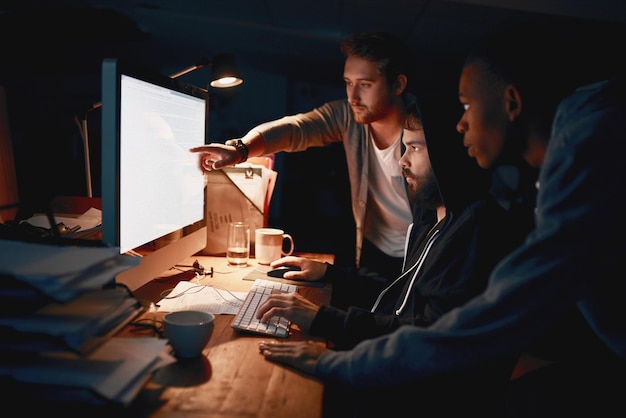 web design men and cyber security with computer for firewall breach system glitch and collaboration programmer teamwork and database encryption for corporate network protection and virus solution