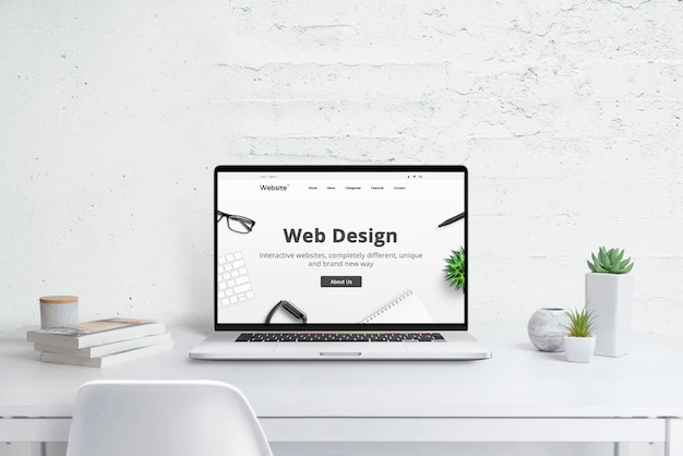 Photo web design studio creative concept modern laptop computer with company web site flat design theme