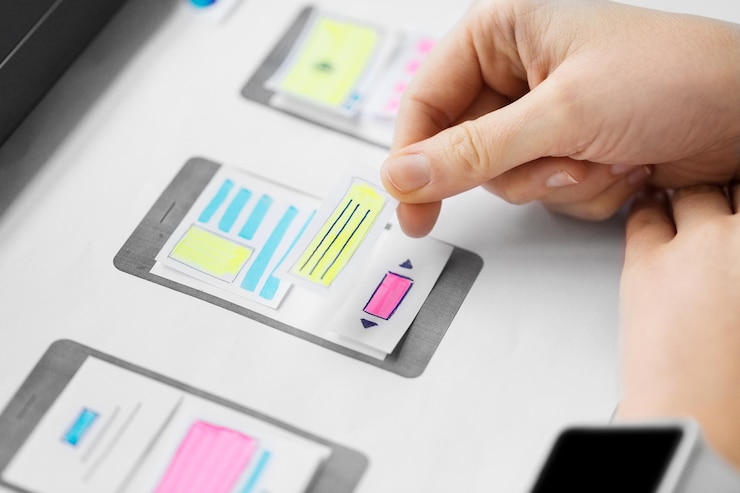 Photo web designer working on user interface wireframe