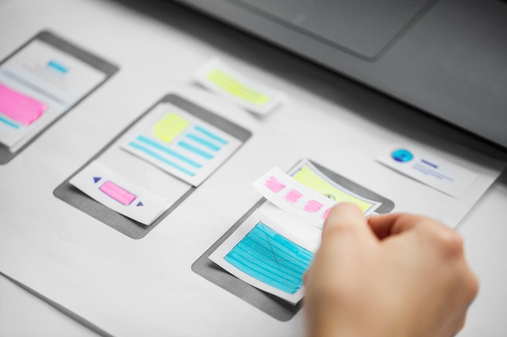 Photo web designer working on user interface wireframe