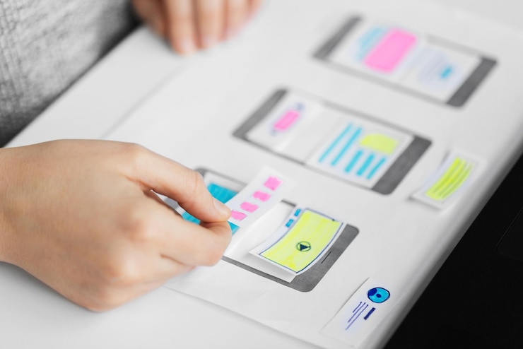 Photo web designer working on user interface wireframe
