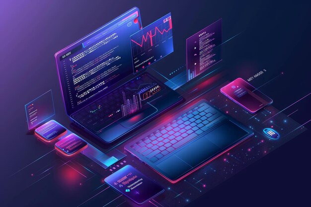 Web Dev Design in 3D Vector Illustration Laptop Phone Coding Tools ...