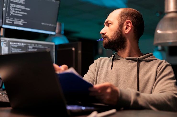 Photo web developer analyzing source code with papers and computer, taking notes and working on web development. male programmer comparing files with online server data after hours.