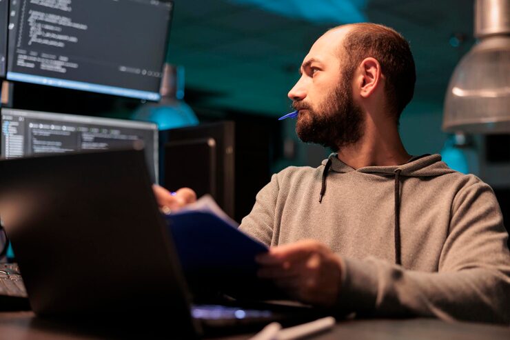 Photo web developer analyzing source code with papers and computer, taking notes and working on web development. male programmer comparing files with online server data after hours.
