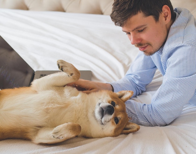 Foto sviluppatore web che lavora in ufficio a casa con il suo cane