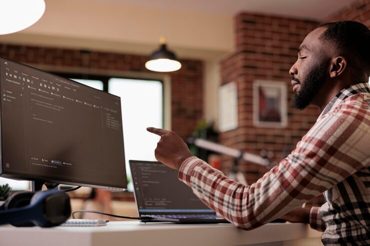 Photo web developer writing program code and html data base on new user interface. male freelancer using terminal window and developing online app cloud server, learning coding language.