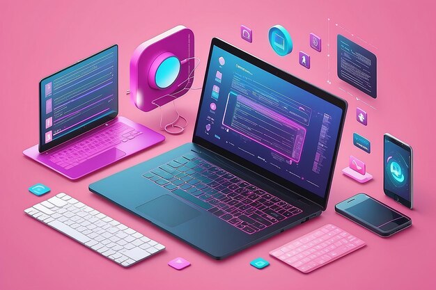 Web development application design coding and programming on laptop concept on pink background