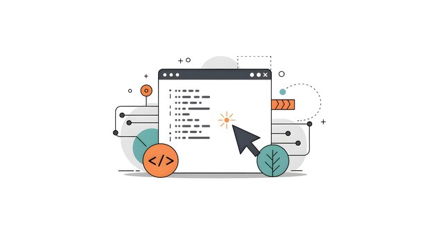 web development and coding illustration depicting programming interface with code and digital elements