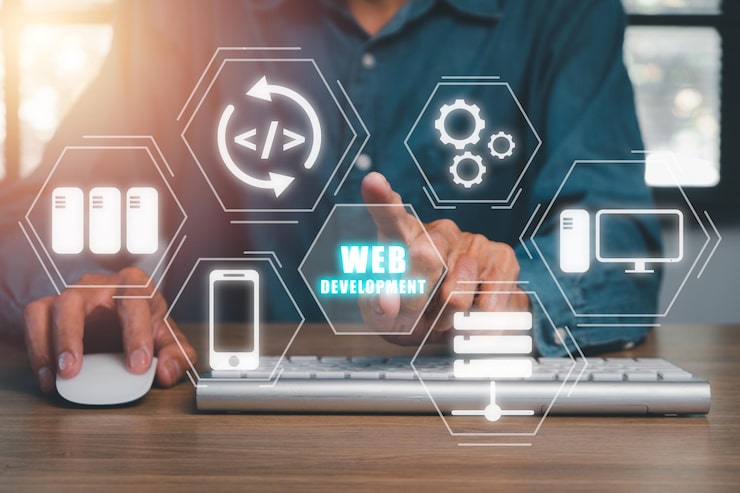 Photo 网络开发编码编程互联网技术商业概念 年轻人使用电脑在vr屏幕上使用网络开发图标