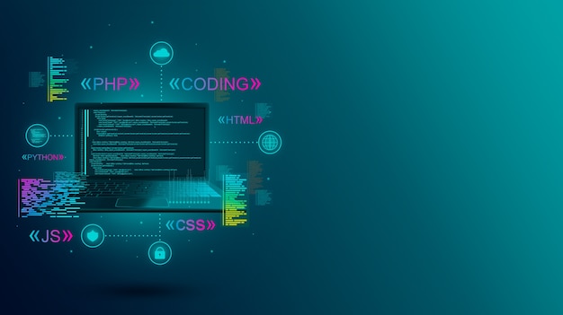 Web development, coding and programming of a site or application on laptop. Programming languages.