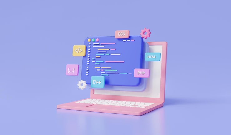 Photo web development concept creation digital software on web via laptop programming and engineering development coding and programming language software developer 3d minimal render illustration