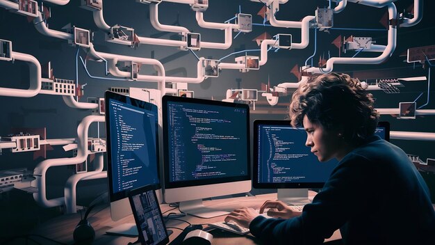 web development programming code or app development and web design on computer for seo 3d backgroun
