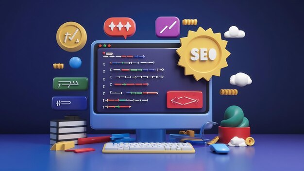 網站開發:在電腦上開發程式碼或應用程式,並進行網頁設計 (SEO 3D 背景)