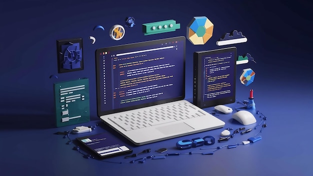 web development programming code or app development and web design on computer for seo 3d backgroun