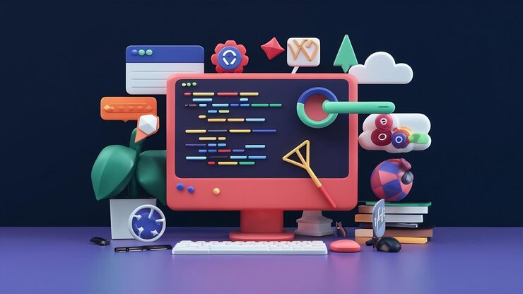 Photo web development programming code or app development and web design on computer for seo 3d backgroun