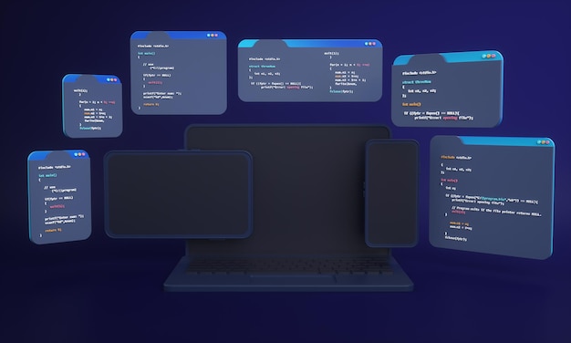Web development programming code or app development and web design on computer for seo 3d background