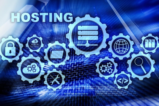 Web Hosting Technology Internet and Networking Concept On Server room background Virual screen