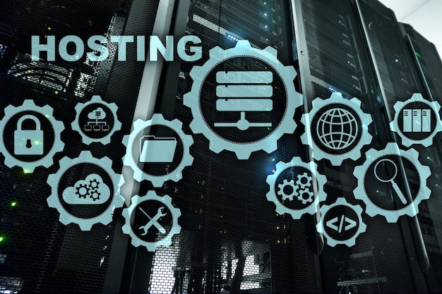 Web Hosting Technology Internet and Networking Concept On Server room background Virual screen