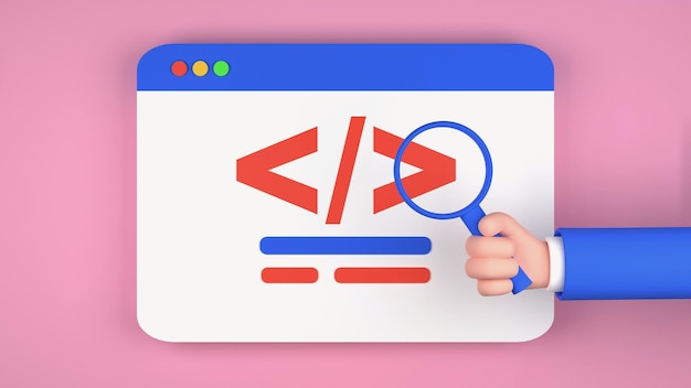 Webページのコードソースの研究コンセプト虫眼鏡3DレンダリングイラストとWebページと漫画の人間の手