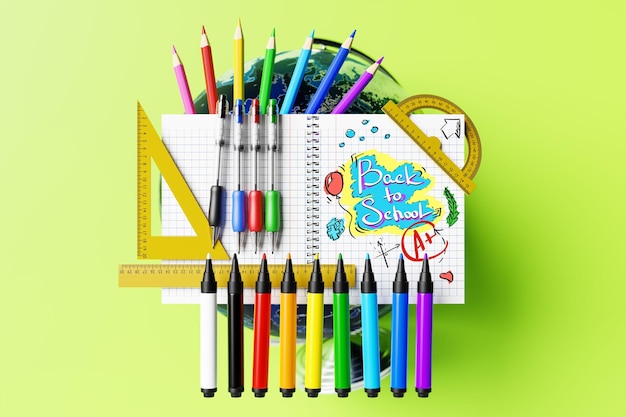 Web page design template for school studio course creative kids The inscription back to school on the background of the student's school tools on a yellow background