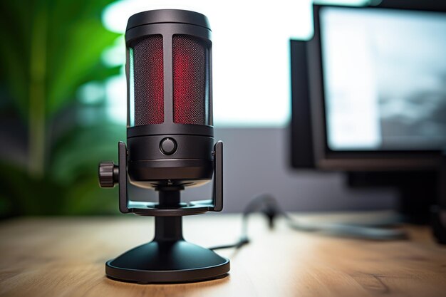 A webcam focused on a microphone on a desk