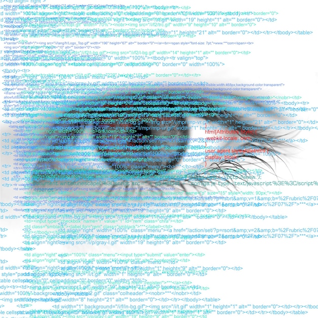 Foto webcomputercode met menselijk oog abstracte achtergrond