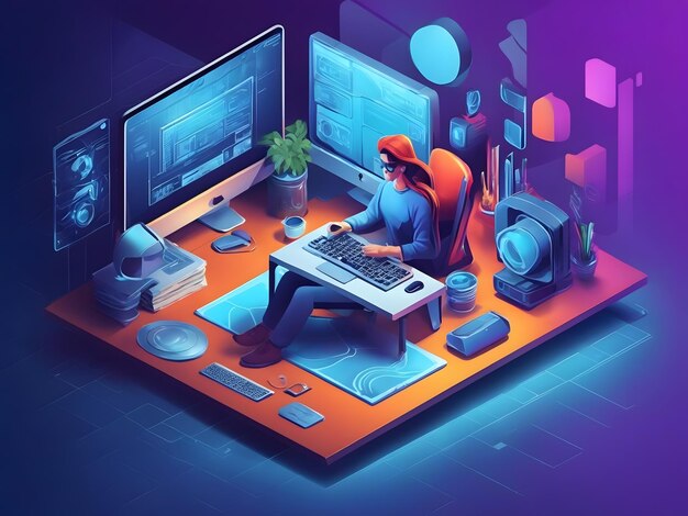 Webdesign vector Illustration working on computer isometric concept blue light glowing