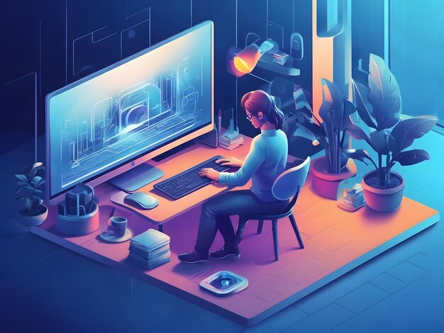 Webdesign vector Illustration working on computer isometric concept blue light glowing