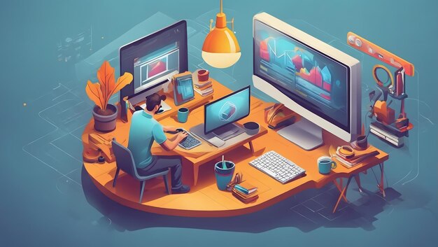 Photo webdesign vector illustration working on computer isometric concept