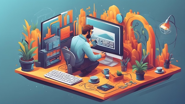 Webdesign vector Illustration working on computer isometric concept