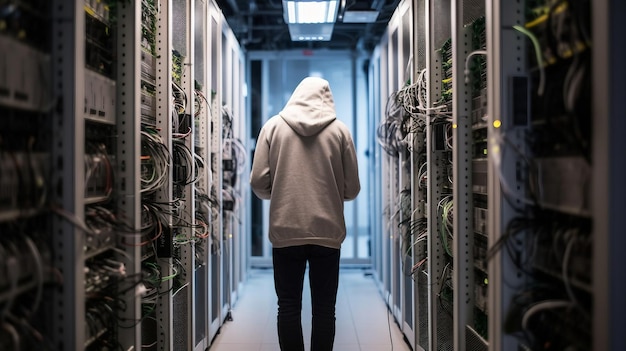 A webdeveloper or software engineer in casual clothes in a big data server room