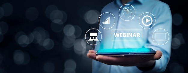 Webinar icon with man holding a tablet