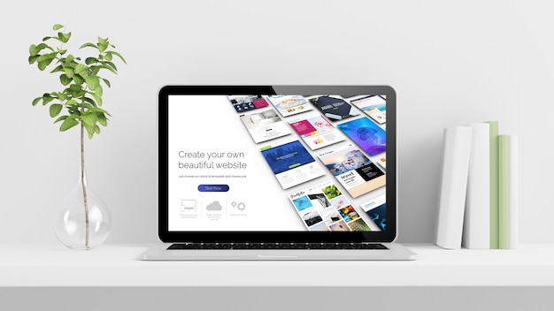 Photo website design on laptop screen at desktop with plant and books 3d rendering
