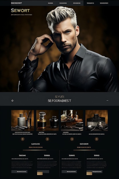 Website of high end salon for men dark and metallic color theme with a layout design concept idea
