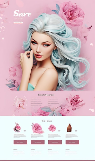 Foto layout del sito web del parrucchiere per donne tema di colori pastello con capelli fluenti il creative figma art