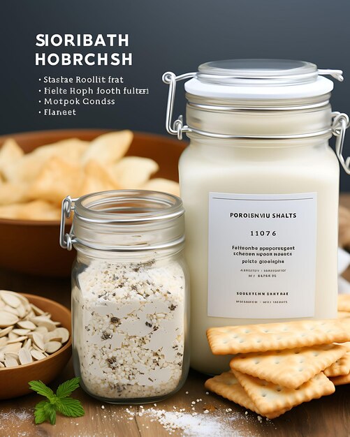 Photo website layout horseradish snack bag in white and brown shades silver spark poster flyer design