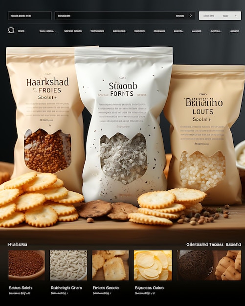 Photo website layout horseradish snack bag in white and brown shades silver spark poster flyer design