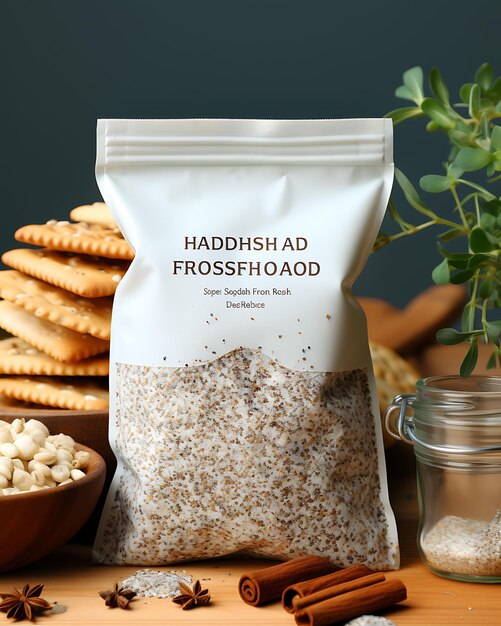 Photo website layout horseradish snack bag in white and brown shades silver spark poster flyer design