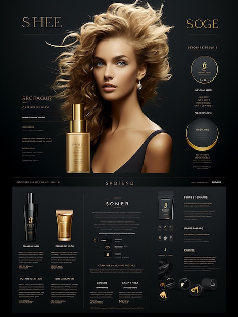 Foto layout del sito web del marchio di cura dei capelli di lusso per donne colore nero e oro elegante t creative figma art