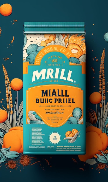 Photo website layout millet cereal packaging retro with an orange and teal palett poster flyer design