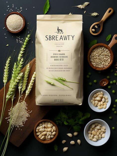 Photo website layout pearl barley cereal packaging elegant with a silver and whit poster flyer design