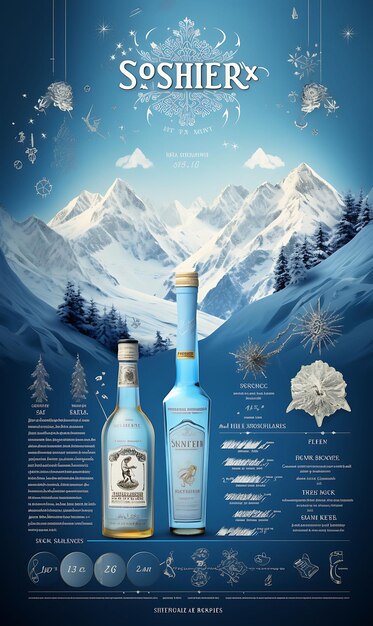 Photo website layout schnapps maker with a mountain blue and white theme alpine f poster flyer design